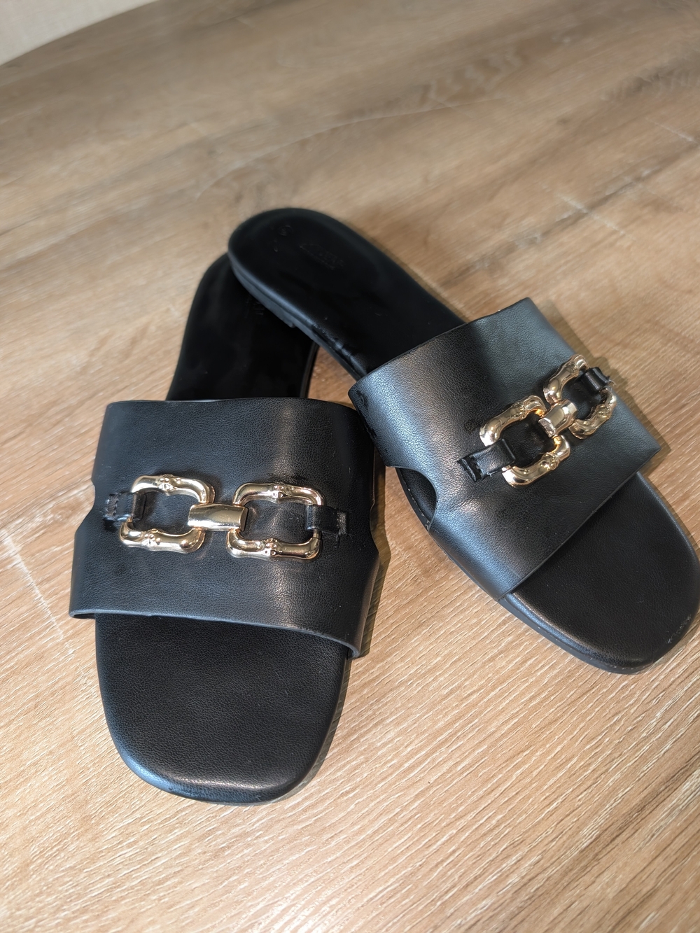 Women's Black Slide Sandals with Silver Chain Accent
